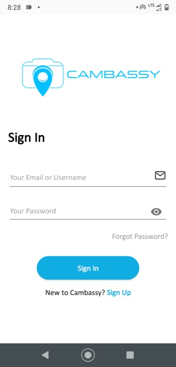 New Cambassy app sign-in screen
