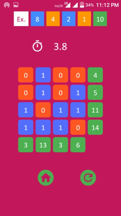 Binary Fun puzzle game board with timer