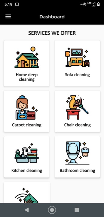 Home cleaning service app dashboard listing deep cleaning, sofa, carpet and bathroom services