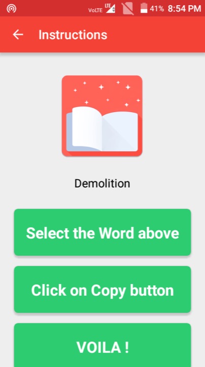 Instadict dictionary app instructions screen